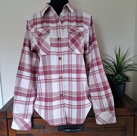 Frank & Oak Plaid Shirt Women's Small Flannel Button Up Top Pink Off White NWT - Picture 1 of 12
